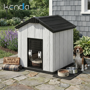 Casa para mascotas mediana Kenda de 30 kg | Refugio interior/exterior de resina PP de 15 mm para perros medianos y hogares con varios gatos | Dise&ntilde;o de muebles de madera veteada